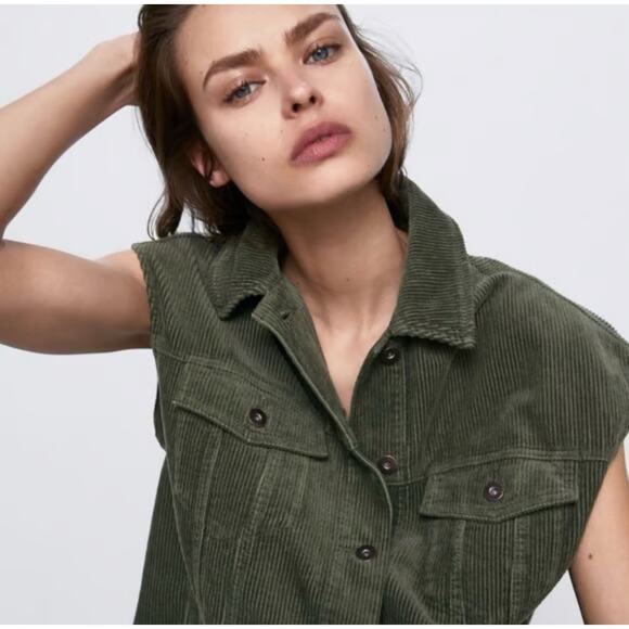 Zara Corduroy Vest Oversized Trucker Style Olive Green Women's Small - Picture 2 of 13